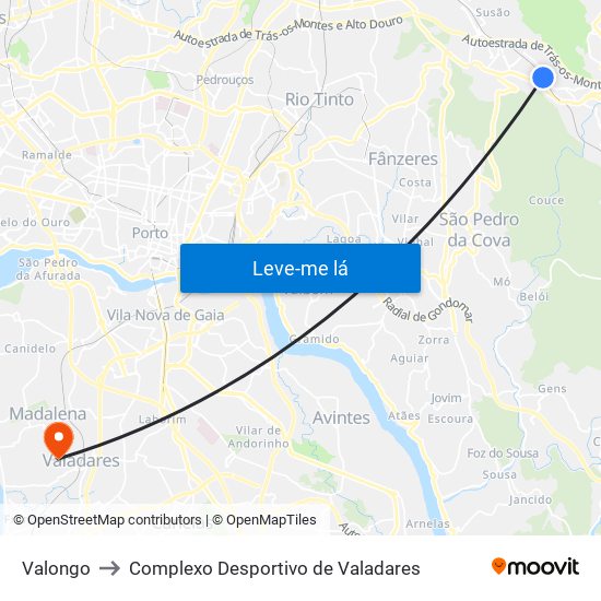 Valongo to Complexo Desportivo de Valadares map