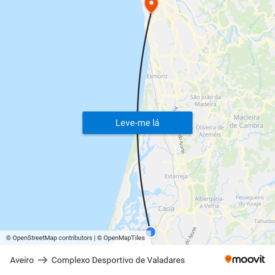 Aveiro to Complexo Desportivo de Valadares map
