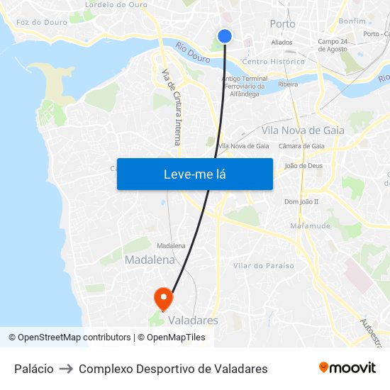 Palácio to Complexo Desportivo de Valadares map