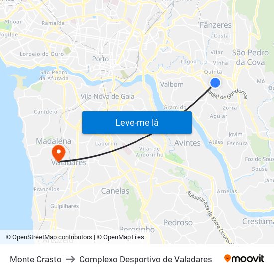 Monte Crasto to Complexo Desportivo de Valadares map
