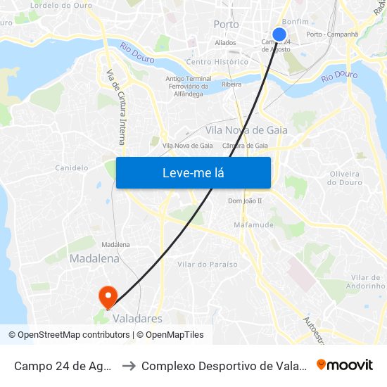 Campo 24 de Agosto to Complexo Desportivo de Valadares map