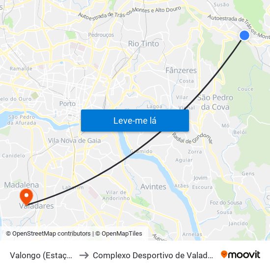 Valongo (Estação) to Complexo Desportivo de Valadares map