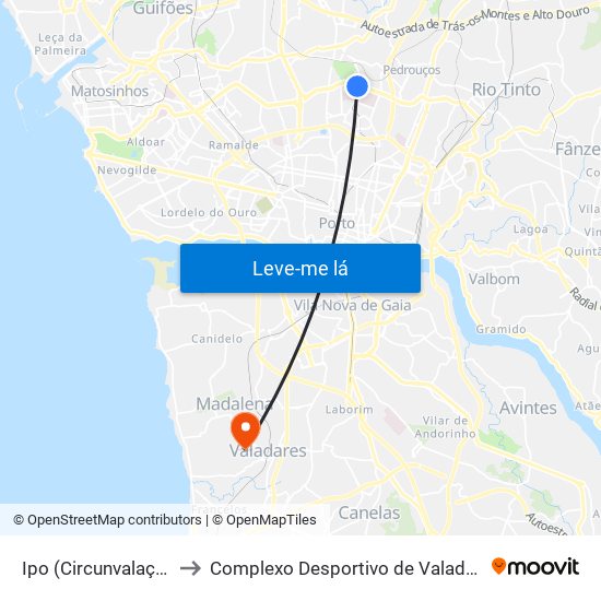 Ipo (Circunvalação) to Complexo Desportivo de Valadares map