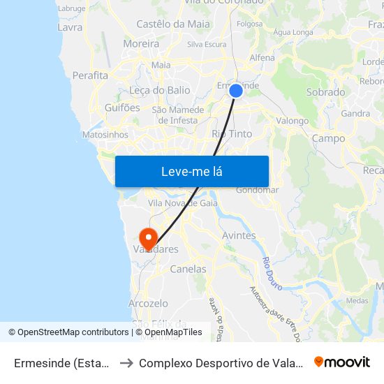 Ermesinde (Estação) to Complexo Desportivo de Valadares map