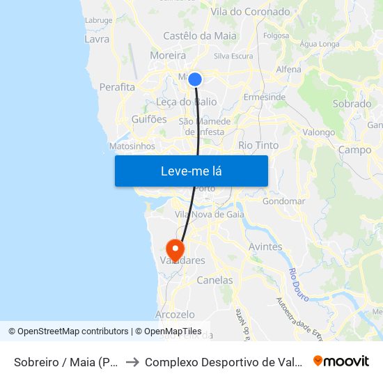 Sobreiro / Maia (Plaza) to Complexo Desportivo de Valadares map