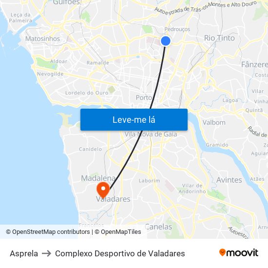 Asprela to Complexo Desportivo de Valadares map
