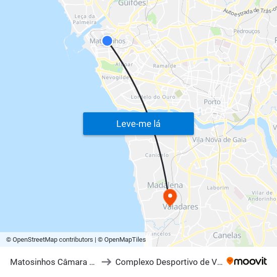 Matosinhos Câmara (Matc1) to Complexo Desportivo de Valadares map