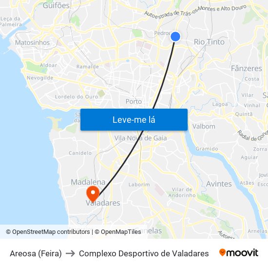 Areosa (Feira) to Complexo Desportivo de Valadares map