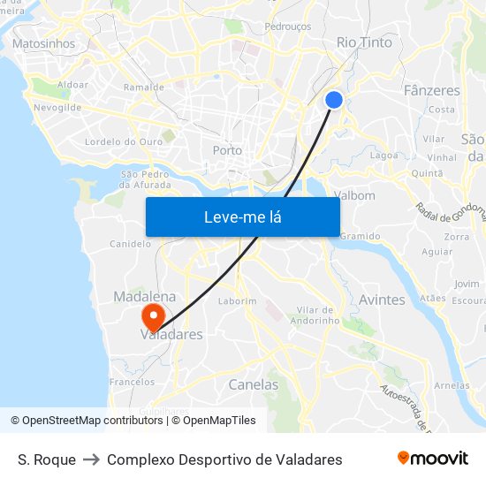 S. Roque to Complexo Desportivo de Valadares map