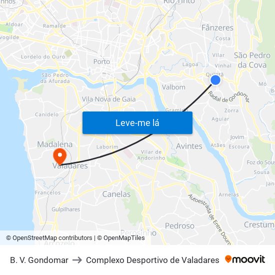 B. V. Gondomar to Complexo Desportivo de Valadares map