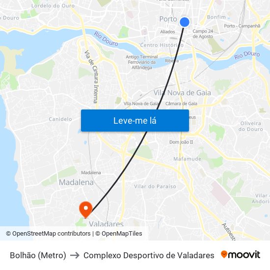 Bolhão (Metro) to Complexo Desportivo de Valadares map