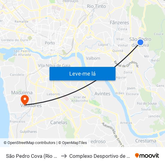 São Pedro Cova (Rio Ferreira) to Complexo Desportivo de Valadares map