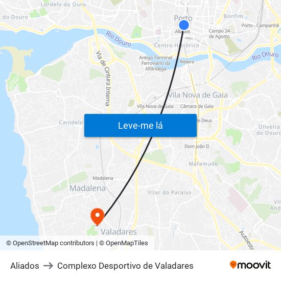 Aliados to Complexo Desportivo de Valadares map