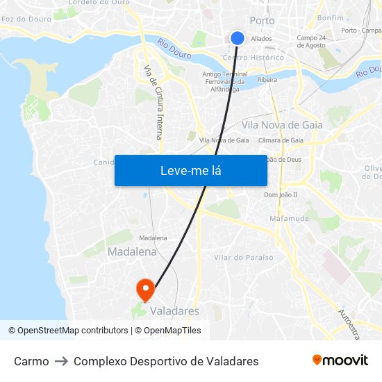 Carmo to Complexo Desportivo de Valadares map