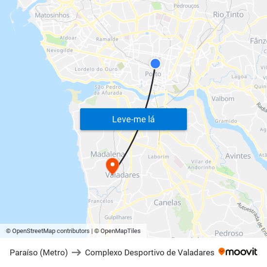 Paraíso (Metro) to Complexo Desportivo de Valadares map