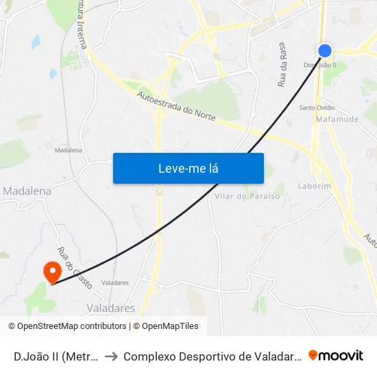 D.João II (Metro) to Complexo Desportivo de Valadares map