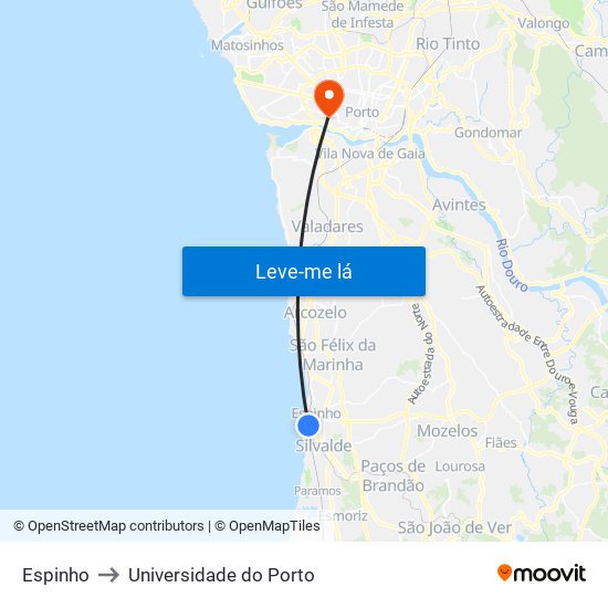 Espinho to Universidade do Porto map