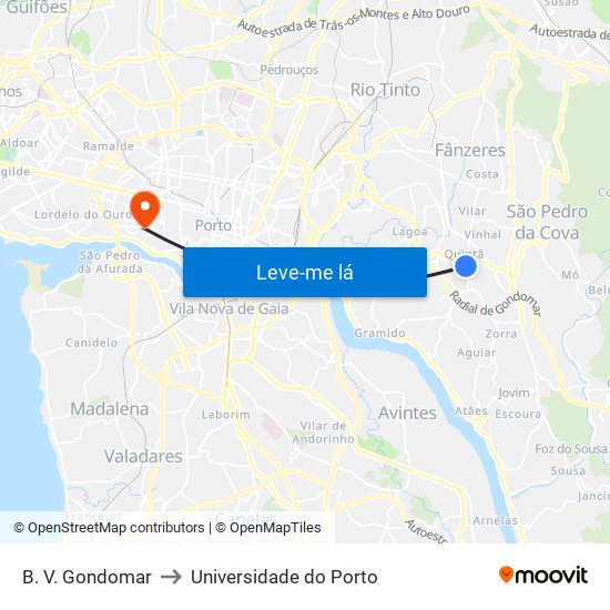 B. V. Gondomar to Universidade do Porto map