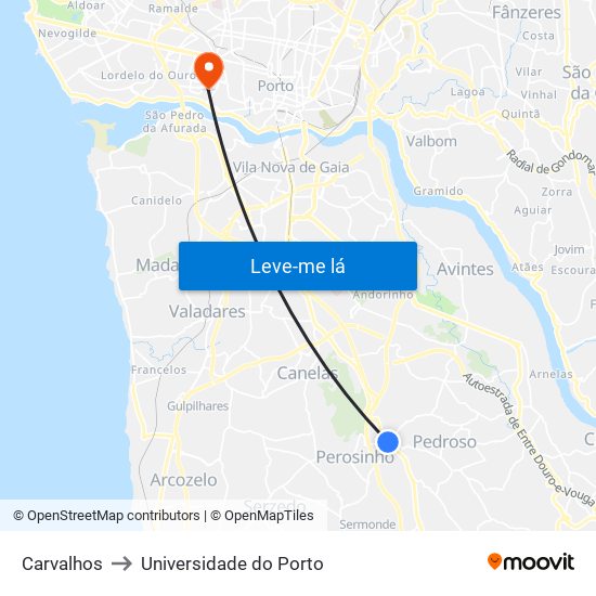 Carvalhos to Universidade do Porto map