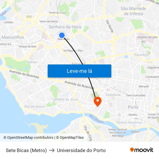 Sete Bicas (Metro) to Universidade do Porto map
