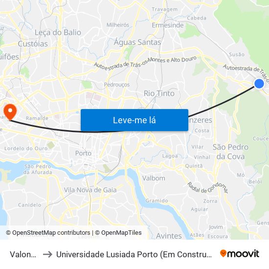 Valongo to Universidade Lusiada Porto (Em Construção) map