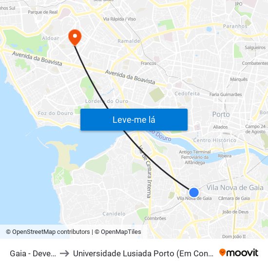 Gaia - Devesas to Universidade Lusiada Porto (Em Construção) map
