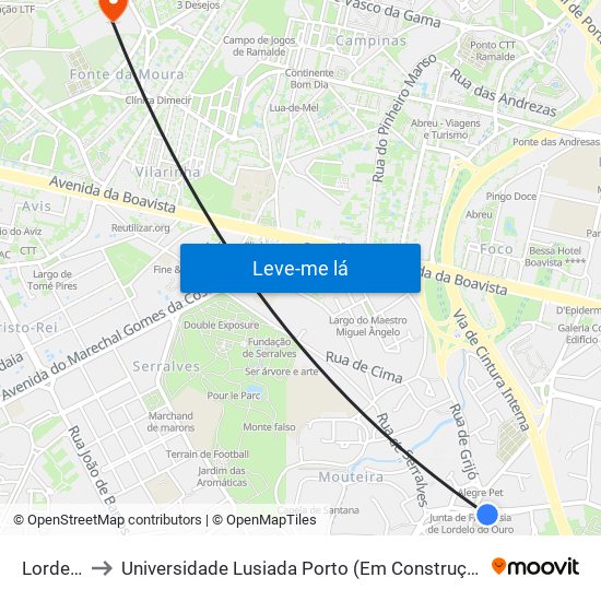 Lordelo to Universidade Lusiada Porto (Em Construção) map
