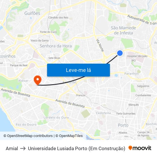 Amial to Universidade Lusiada Porto (Em Construção) map