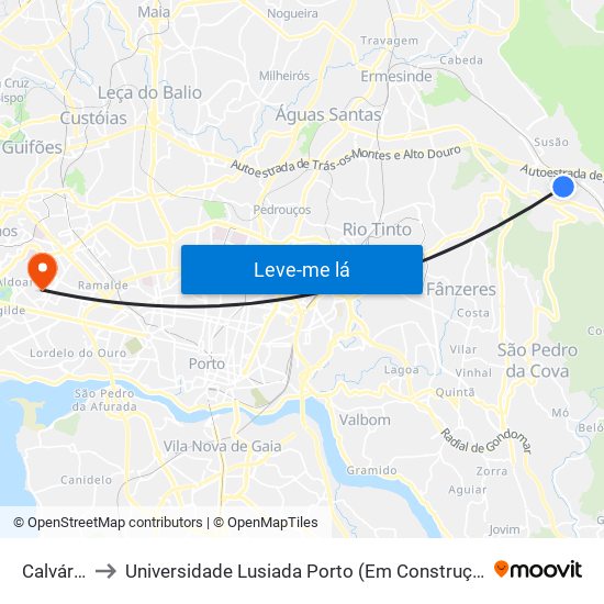 Calvário to Universidade Lusiada Porto (Em Construção) map