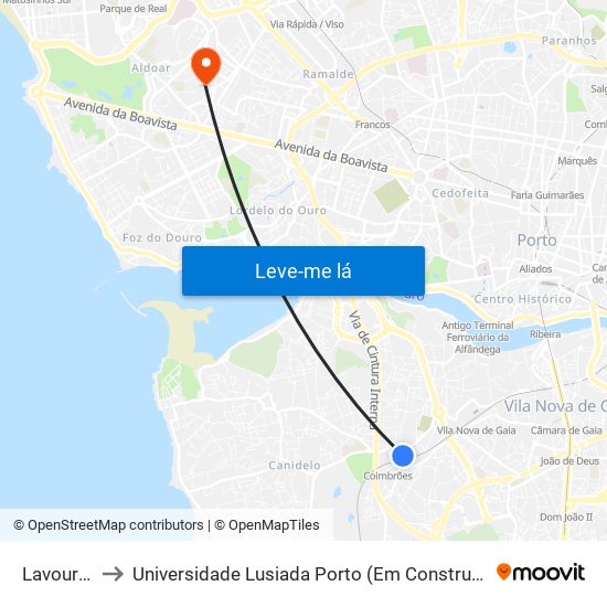 Lavouras to Universidade Lusiada Porto (Em Construção) map