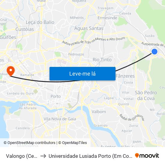 Valongo (Centro) to Universidade Lusiada Porto (Em Construção) map