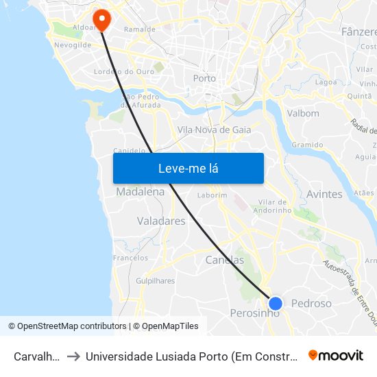 Carvalhos to Universidade Lusiada Porto (Em Construção) map