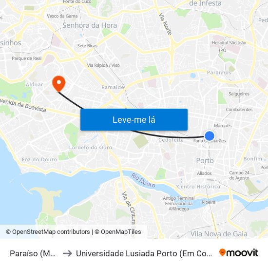 Paraíso (Metro) to Universidade Lusiada Porto (Em Construção) map