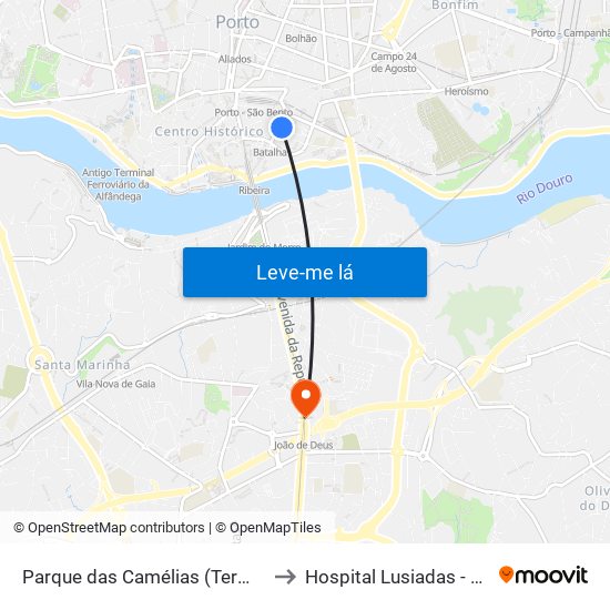 Parque das Camélias (Terminal) to Hospital Lusiadas - Gaia map