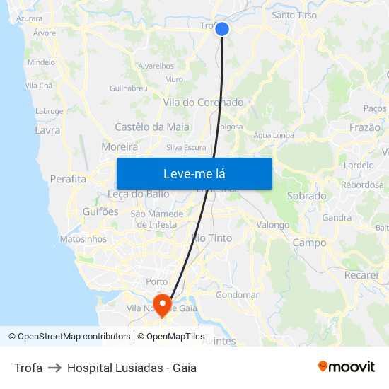 Trofa to Hospital Lusiadas - Gaia map