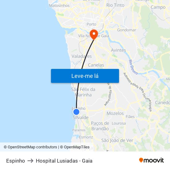 Espinho to Hospital Lusiadas - Gaia map
