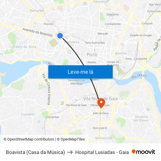 Boavista (Casa da Música) to Hospital Lusiadas - Gaia map