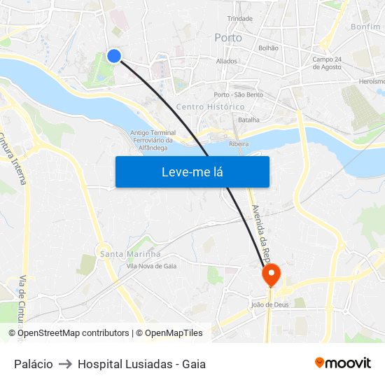 Palácio to Hospital Lusiadas - Gaia map