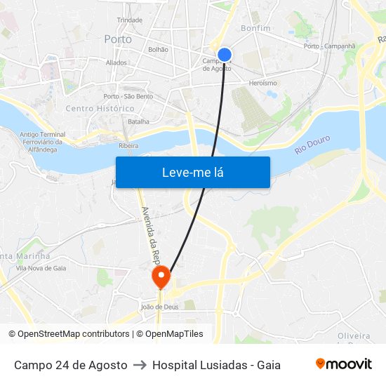 Campo 24 de Agosto to Hospital Lusiadas - Gaia map