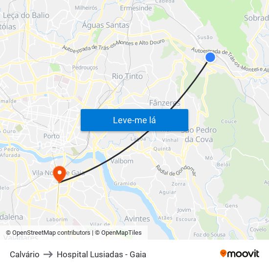 Calvário to Hospital Lusiadas - Gaia map