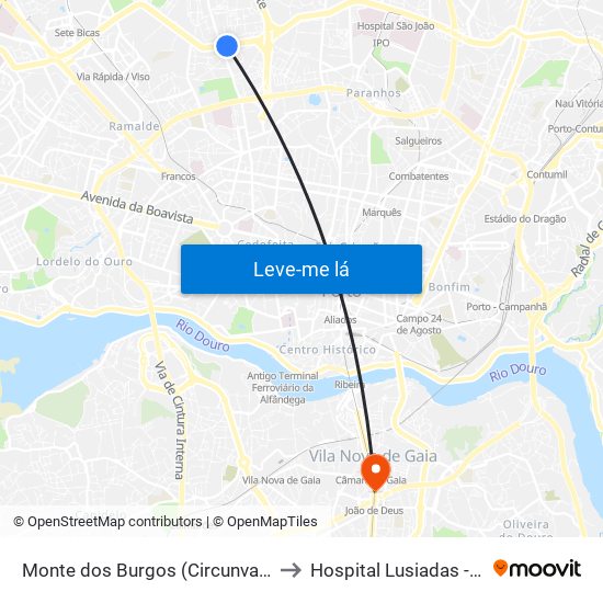 Monte dos Burgos (Circunvalação) to Hospital Lusiadas - Gaia map