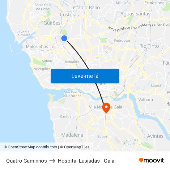 Quatro Caminhos to Hospital Lusiadas - Gaia map