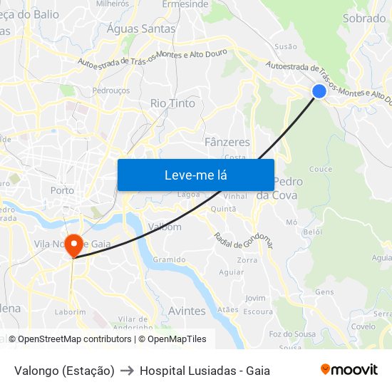 Valongo (Estação) to Hospital Lusiadas - Gaia map