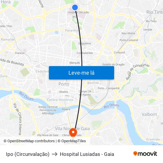 Ipo (Circunvalação) to Hospital Lusiadas - Gaia map