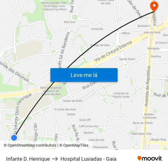 Infante D. Henrique to Hospital Lusiadas - Gaia map