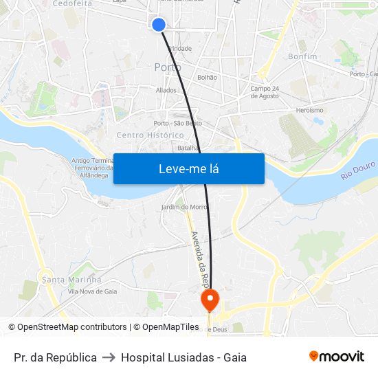Pr. da República to Hospital Lusiadas - Gaia map