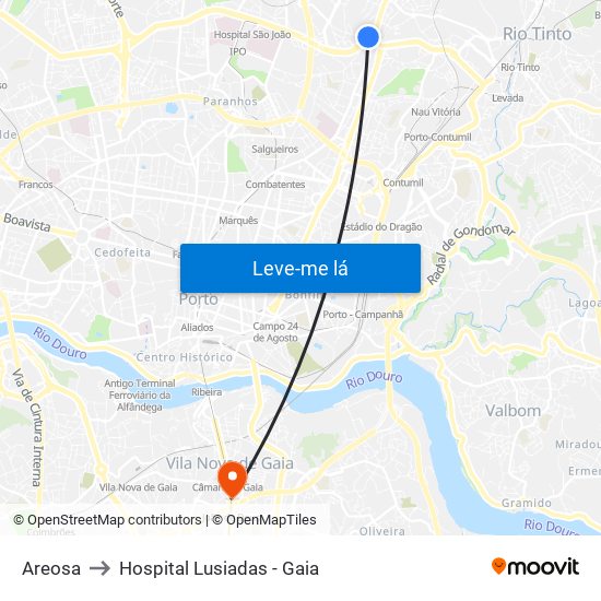 Areosa to Hospital Lusiadas - Gaia map