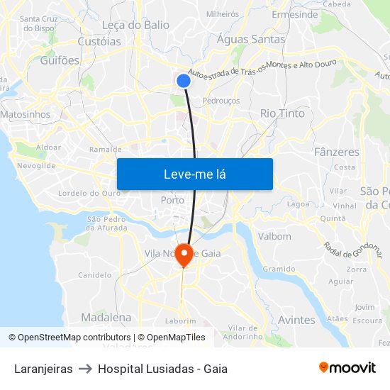 Laranjeiras to Hospital Lusiadas - Gaia map