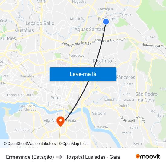Ermesinde (Estação) to Hospital Lusiadas - Gaia map