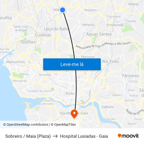 Sobreiro / Maia (Plaza) to Hospital Lusiadas - Gaia map